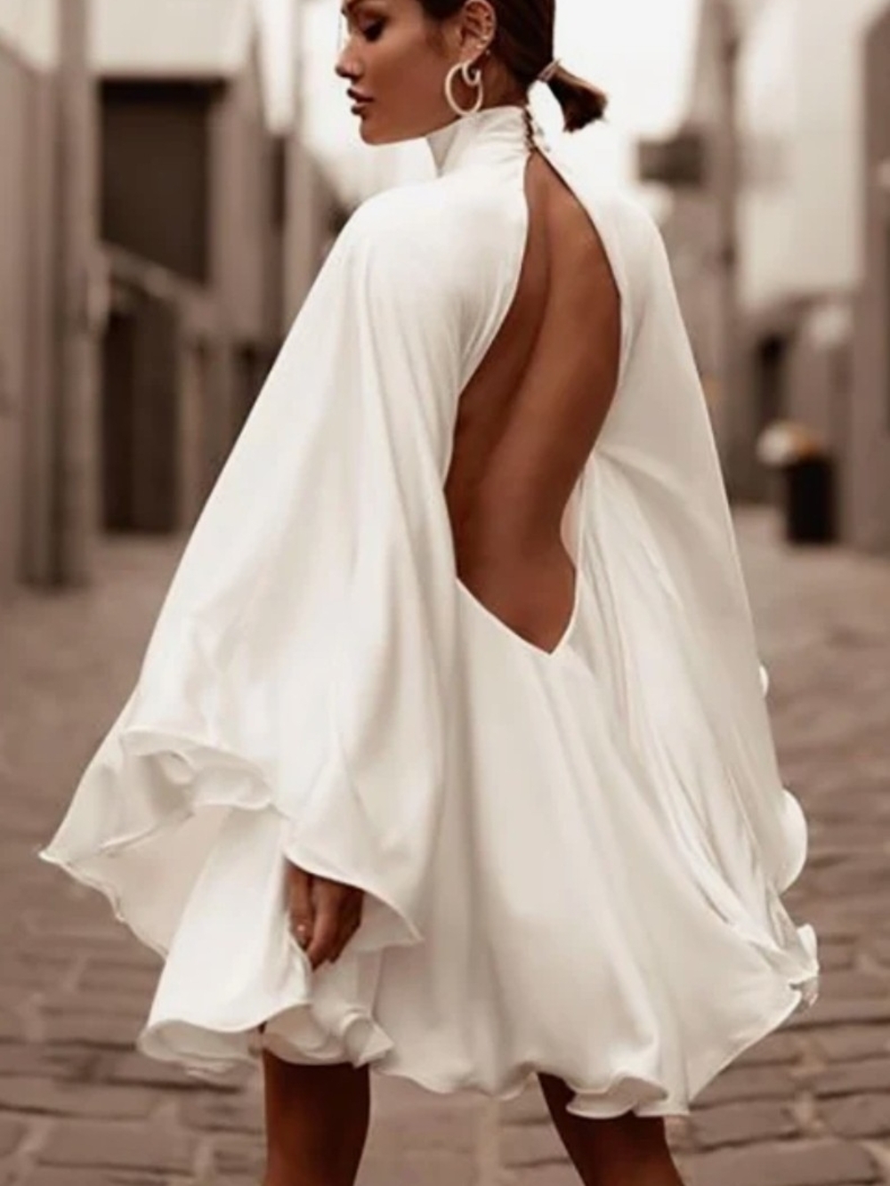 Backless White Mini Dress with High Neck